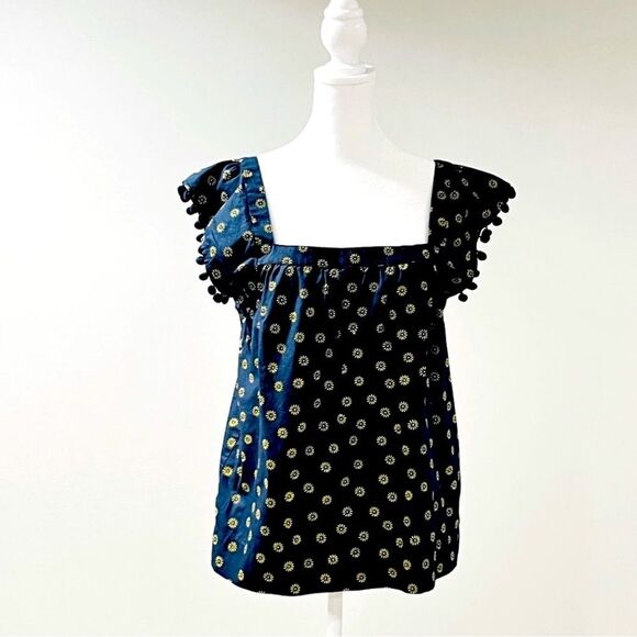 J.Crew Cotton Poplin Square Neck Navy and Yellow Daisy Print Pom-Pom Top  Size 6 - Picture 8 of 9